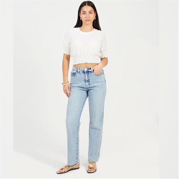 Biały - Brave Soul - Womens Broderie Top with Shirred Sleeves