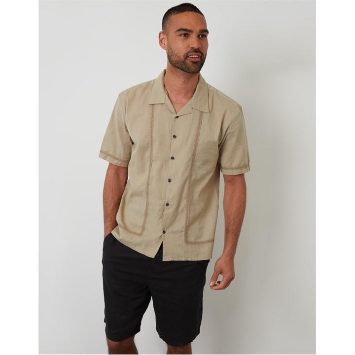 Threadbare Men' Beige Short-Sleeve Bowling Shirt in Size S, Sports Direct