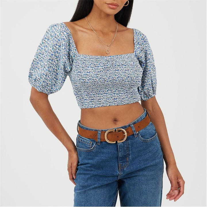 Brave Soul Women's Blue Cropped Puff Sleeve Top With Shirred Body in Size 14, Sports Direct