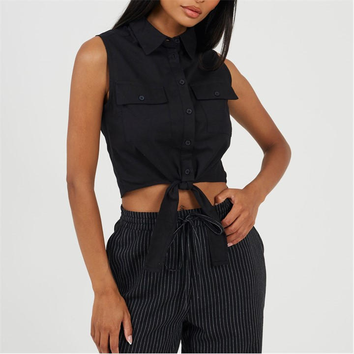 Brave Soul Women's Black Sleeveless Collared Top With Tie Detail in Size 16, Sports Direct