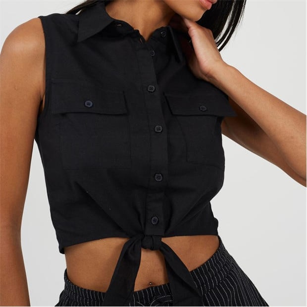 Black - Brave Soul - Womens Sleeveless Collared Top with Tie Detail