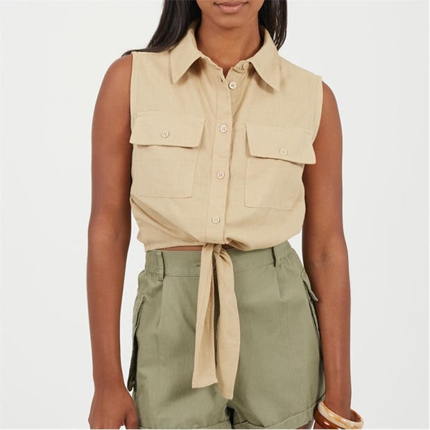 Sand - Brave Soul - Womens Sleeveless Collared Top with Tie Detail