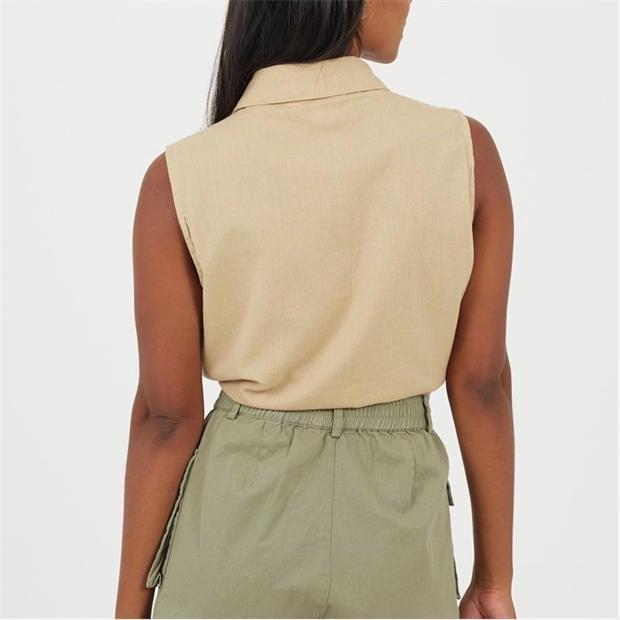 Sand - Brave Soul - Womens Sleeveless Collared Top with Tie Detail