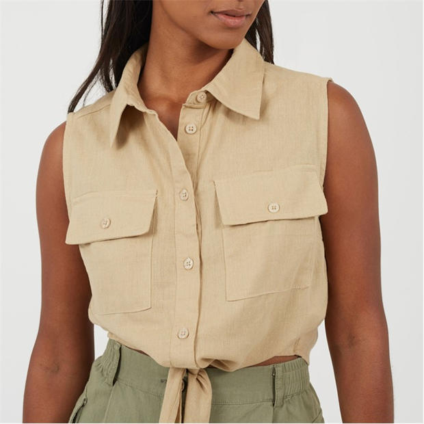 Sand - Brave Soul - Womens Sleeveless Collared Top with Tie Detail