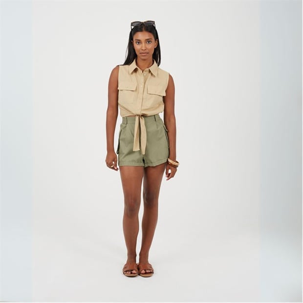 Sand - Brave Soul - Womens Sleeveless Collared Top with Tie Detail