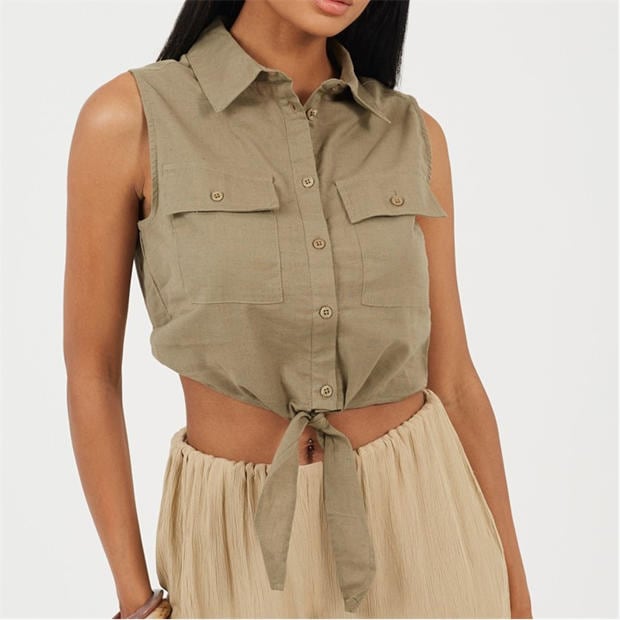 Khaki - Brave Soul - Womens Sleeveless Collared Top with Tie Detail