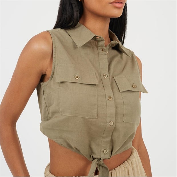 Khaki - Brave Soul - Womens Sleeveless Collared Top with Tie Detail