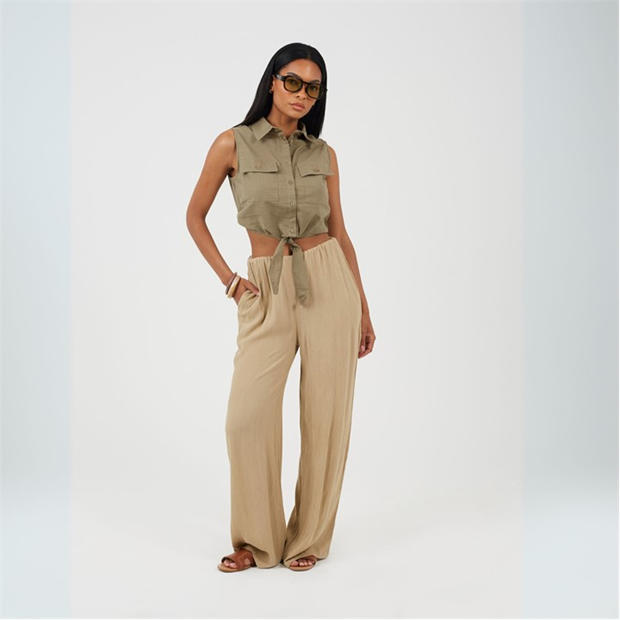 Khaki - Brave Soul - Womens Sleeveless Collared Top with Tie Detail