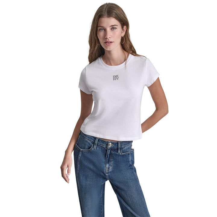 Dkny Women's White Jeans Rhinestone Logo Baby Tee in Size 14, Sports Direct