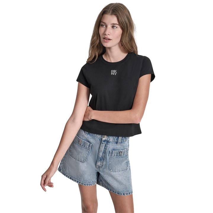 Dkny Women's Black Jeans Rhinestone Logo Baby Tee in Size 10, Sports Direct