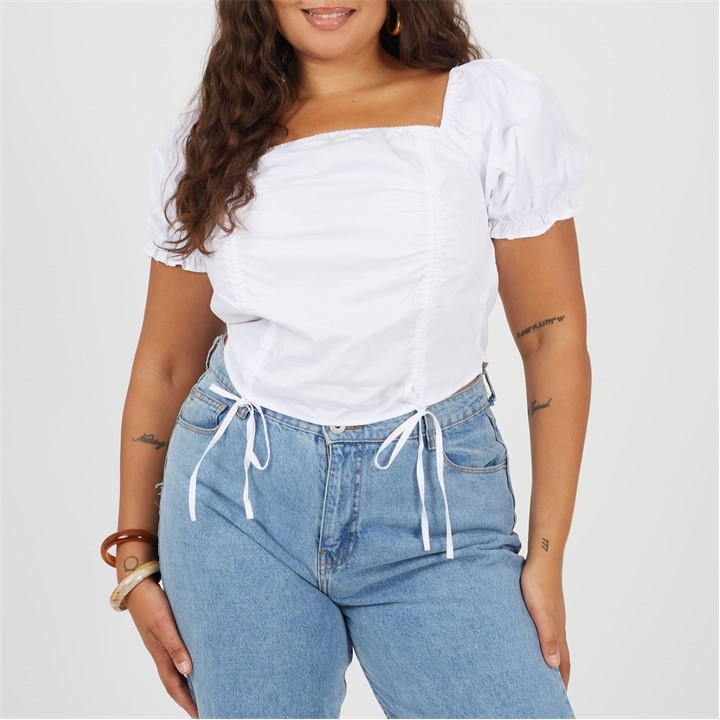 Brave Soul Women's White Plus Size Puff Sleeve Top With Ruched And Tie Details. in Size 22, Sports Direct