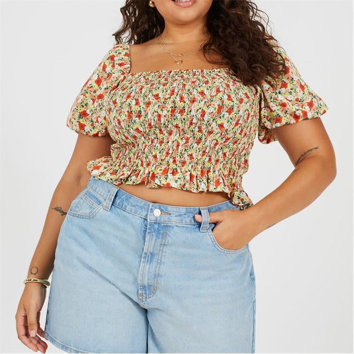 Brave Soul Women's Red Plus Size Puff Sleeve Top With Ruched And Tie Details. in Size 22, Sports Direct