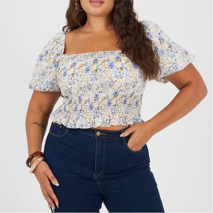 Brave Soul Women's Blue Plus Size Puff Sleeve Top With Ruched And Tie Details. in Size 22, Sports Direct