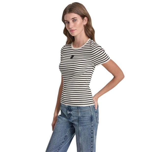 Eggnog/Black - DKNY - DKNY Jeans Crew Neck Striped Short Sleeve Rib Top