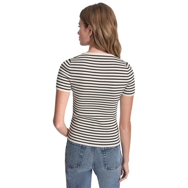 Eggnog/Black - DKNY - DKNY Jeans Crew Neck Striped Short Sleeve Rib Top