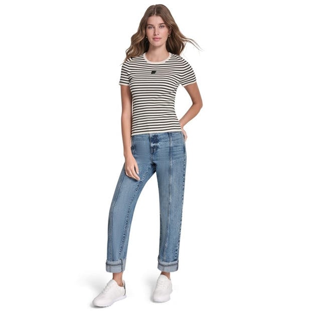 Eggnog/Black - DKNY - DKNY Jeans Crew Neck Striped Short Sleeve Rib Top