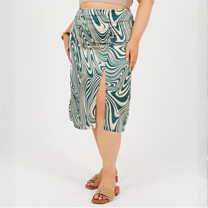 Brave Soul Women's Green Plus Size Swirl Print Skirt With Side Split & Button Detail in Size 22, Sports Direct