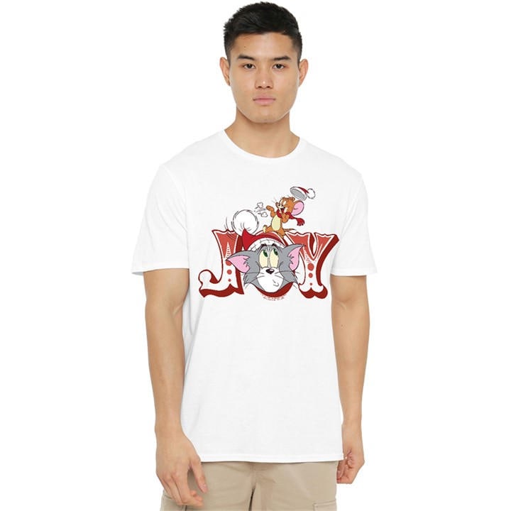 Warner Brothers Men's White Tom And Jerry Santa Hat Christmas Joy T-Shirt Whi in Size M, Sports Direct