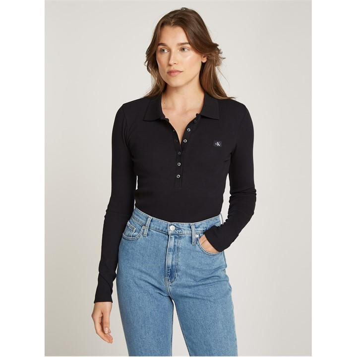 Calvin Klein Jeans Women's Black Polo Buttoned Bodysuit in Size 14, Sports Direct