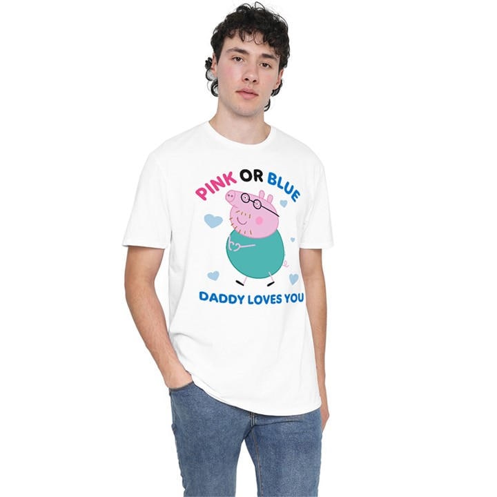 Hasbro Men's White Peppa Pig Pink Or Blue Daddy Pig Loves You T Shirt in Size 5XL, Sports Direct