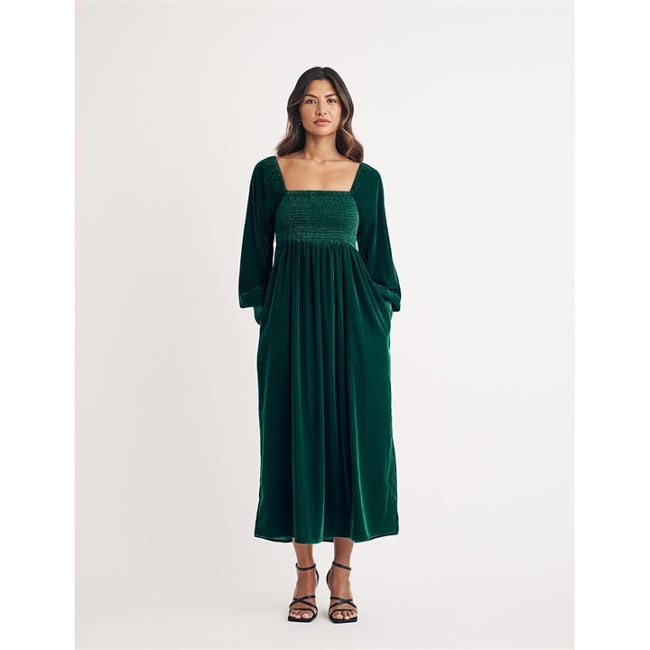 Nobodys  Women's Green Velvet Shirred Kylie Midi Dress in Size 10, Sports Direct