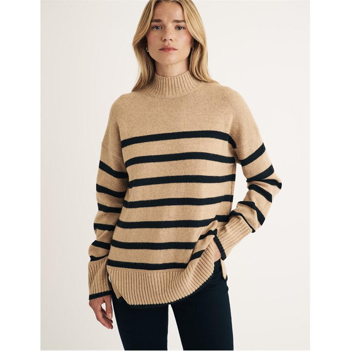 Nobodys  Women's Beige Striped Funnel Longline Jumper in Size 14, Sports Direct