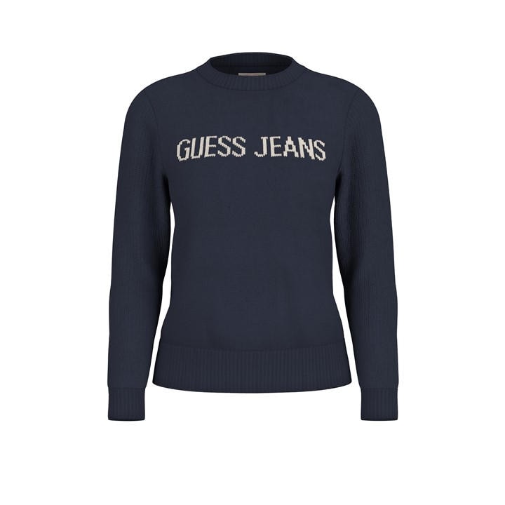 Guess Women's Blue Intarsia Knitted Crew Neck Jumper in Size 10, Sports Direct