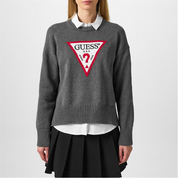 Guess Women's Grey Triangle Knitted Crew Neck Jumper in Size 12, Sports Direct