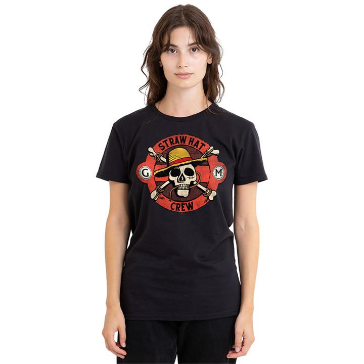 One Piece Women's Black Straw Hat Crew Skull T-Shirt, Sports Direct