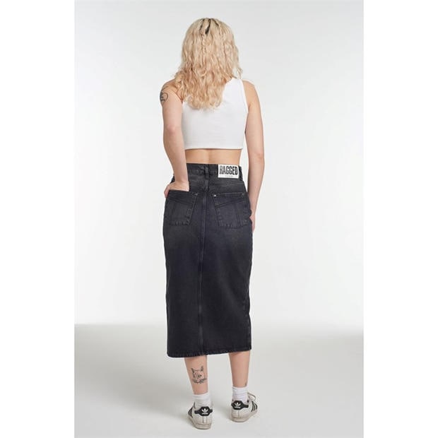 Charcoal - The Ragged Priest - Women's Midi Bleach Blue Wash Denim Skirt