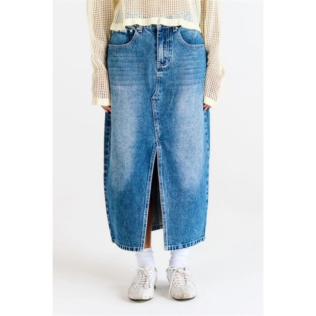 Blue - The Ragged Priest - Women's Midi Bleach Blue Wash Denim Skirt
