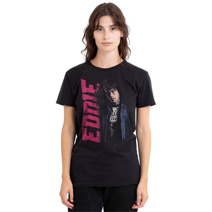 Stranger Things Women's Black Eddie Neo Homage T-Shirt in Size XL, Sports Direct