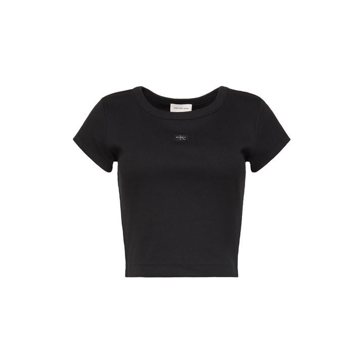 Calvin Klein Jeans Women's Black Woven Ribbed Baby Tee in Size 6, Sports Direct
