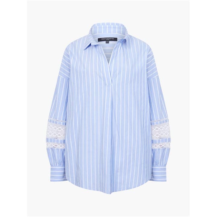 French Connection Women's Blue Cambria Stripe Embroidered Long-Sleeve Patterned Shirt in Size 8, Sports Direct