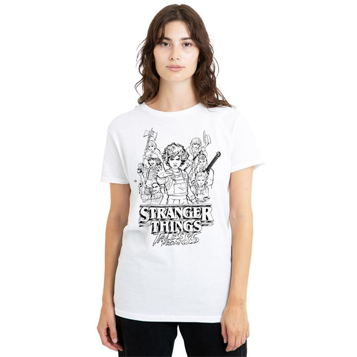 Stranger Things Women' White Tales From 85 Group Sketch T-Shirt in Size S, Sports Direct