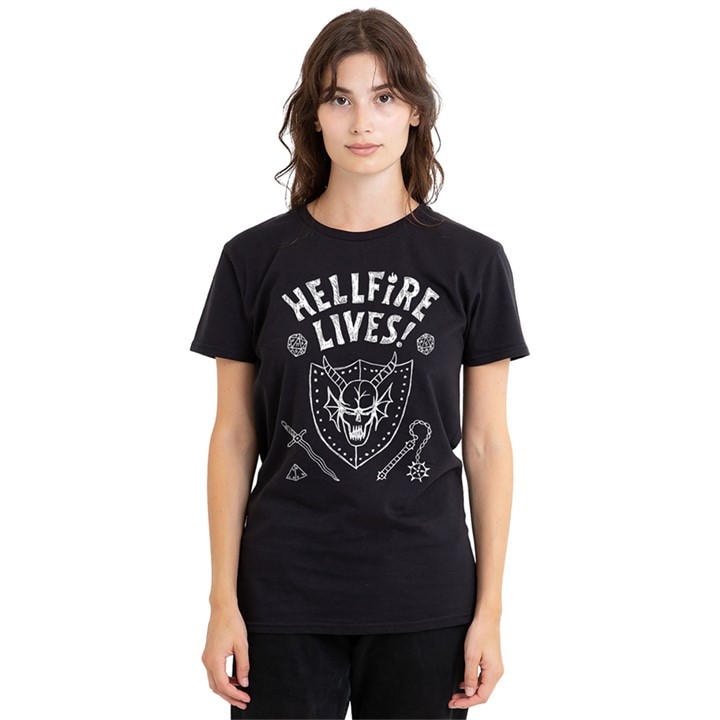 Stranger Things Women's Black Hellfire Graduation Invert T Shirt in Size XL, Sports Direct