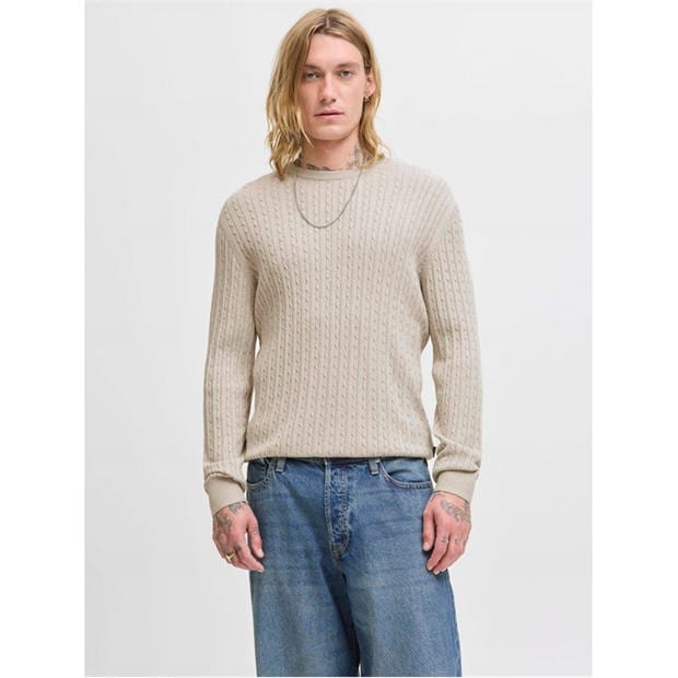 Oatmeal - Jack and Jones - Emil Cable Knit Jumper Mens