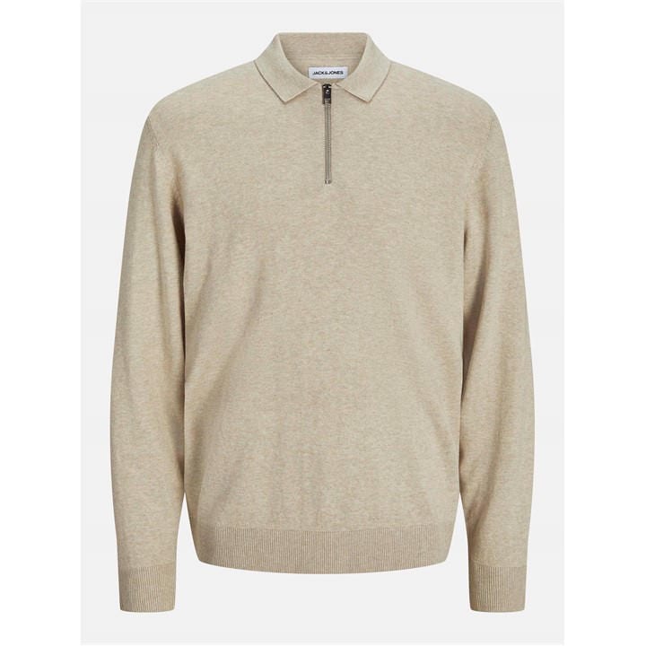 Jack And Jones Men's Oatmeal Emil Half Zip Knitted Polo - S - Image 3