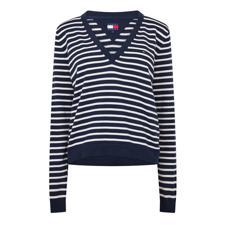 Tommy Jeans Women's Blue V-Neck Jumper in Size 10, Sports Direct