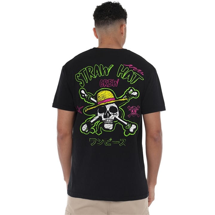 One Piece Men's Black Neon Skull And Cross Bones Front Back T in Size 5XL, Sports Direct
