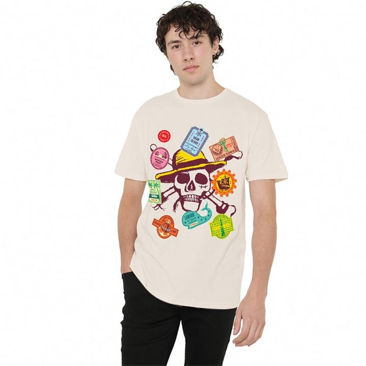 One Piece Men's Beige Skull Travel Stickers T-Shirt Natural in Size M, Sports Direct
