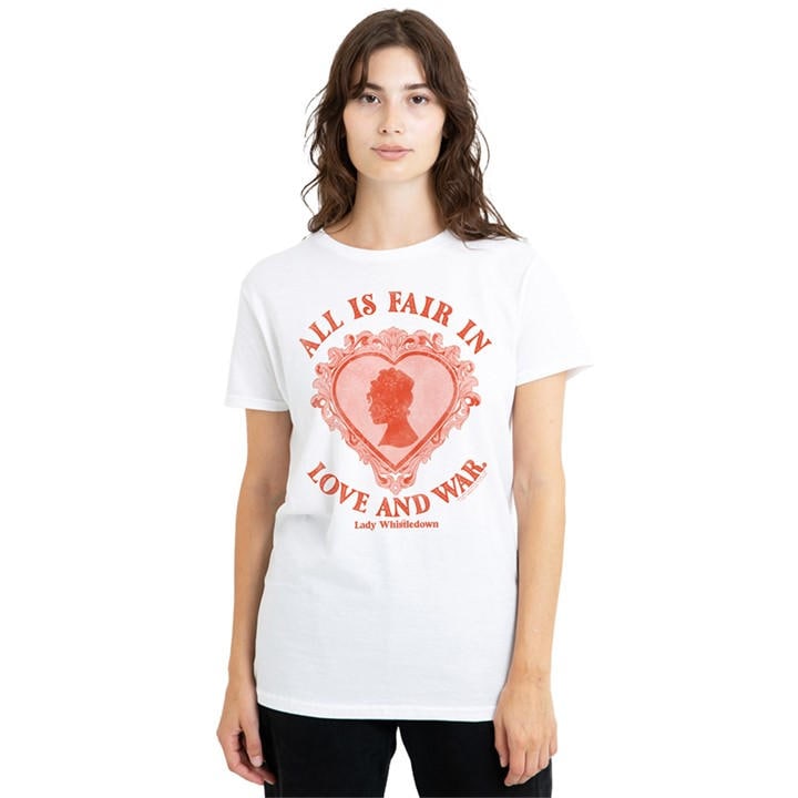 Bridgerton Women's White Love And War Lady Whistledown T Shirt in Size L, Sports Direct