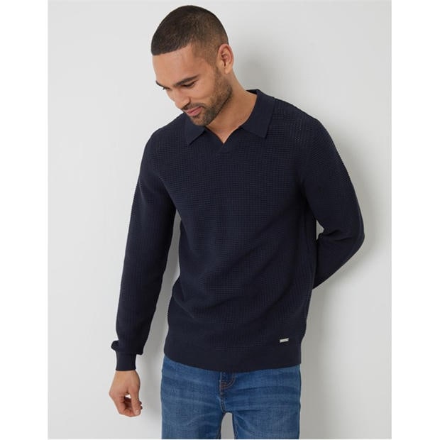 Navy - Threadbare - Men's Brockholes Long Sleeve Knitted Polo Shirt