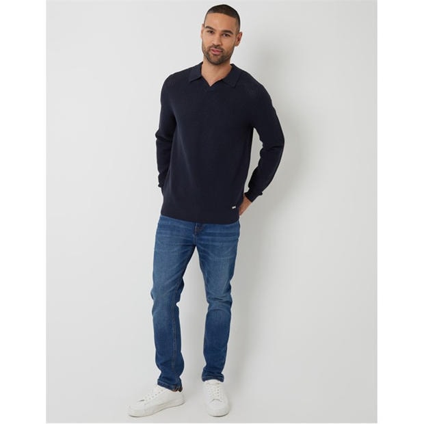 Navy - Threadbare - Men's Brockholes Long Sleeve Knitted Polo Shirt