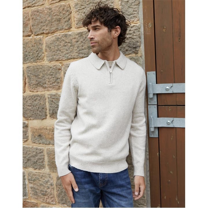 Threadbare Men's Cream Windermere Long Sleeve Zip Knitted Polo Shirt in Size L, Sports Direct