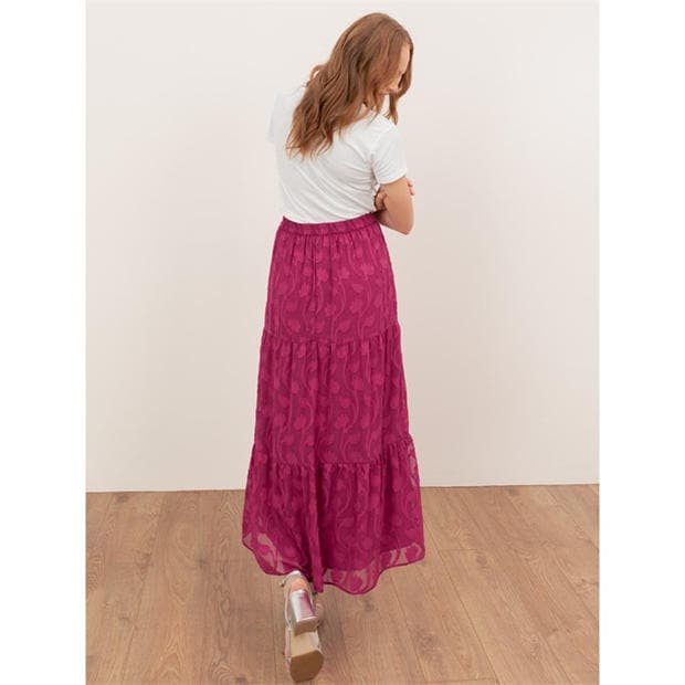 Fuchsia - Lovedrobe - Lovedrobe Fuchsia Floral Burnout Tiered Maxi Skirt