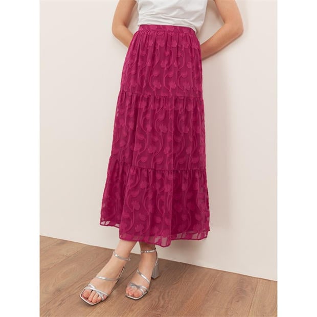 Fuchsia - Lovedrobe - Lovedrobe Fuchsia Floral Burnout Tiered Maxi Skirt
