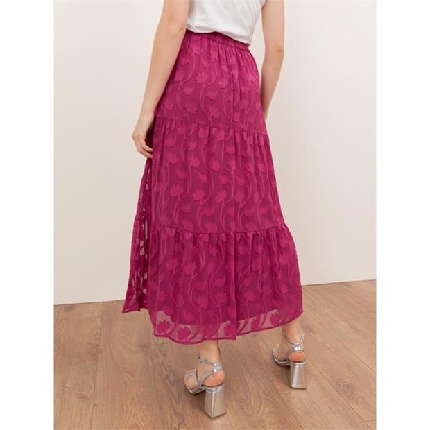 Fuchsia - Lovedrobe - Lovedrobe Fuchsia Floral Burnout Tiered Maxi Skirt
