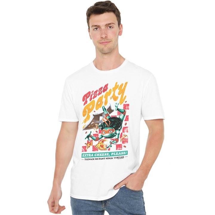 Teenage Mutant Ninja Turtles Men's White Tmnt: Mutant Mayhem Mikey Pizza Party T Shirt Whi in Size 4XL, Sports Direct