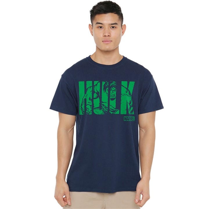 Marvel Men's Blue Hulk Text T-Shirt in Size L, Sports Direct